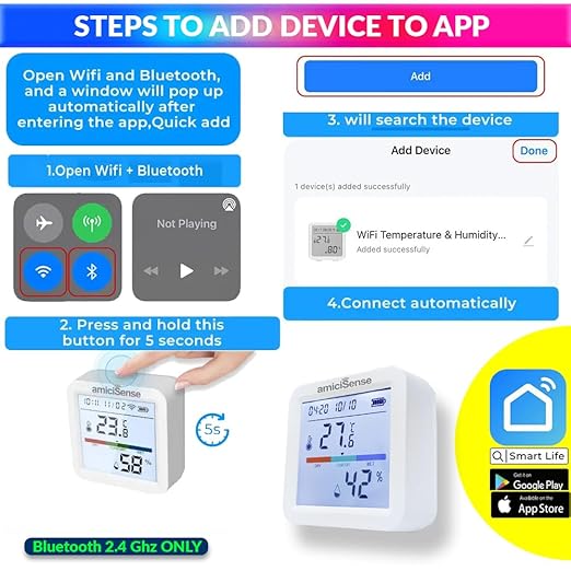 WiFi Temperature Humidity Sensor, Thermometer Hygrometer with Data Export Feature Compatible with SmartLife App