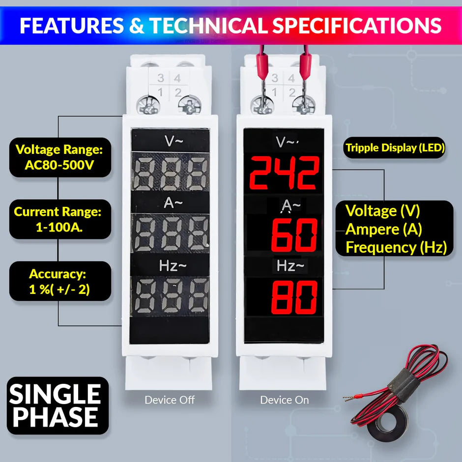 Amicisense Single Phase 100A Digital Meter | Voltage, Current & Frequency Display 80–500V AC